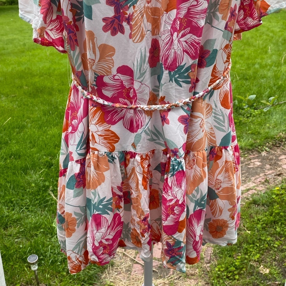 Rachel Zoe Pink Orange Rayon Mini Dress Ruffled Rope Belt Size Medium - Picture 9 of 15
